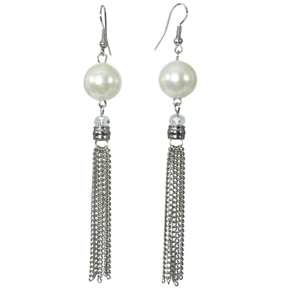 Silver Tone Chain Tassel Pearl Long Dangle Earrings - Picture 1 of 3